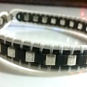 8.25" Black and Silver Square Glass Bead Bracelet Unisex One of a Kind Distress